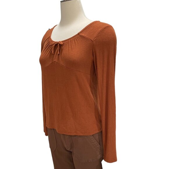 Rust Orange XXL Long Sleeve Top Tie Peasant Boho Casual Rustic Fall Comfy Trendy - Picture 7 of 8